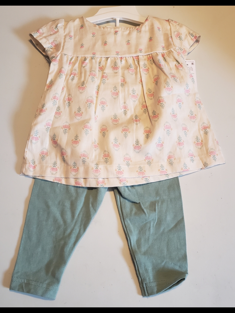 Carter's Cream Floral Top with Pink Flowers & Sage Green Leggings
